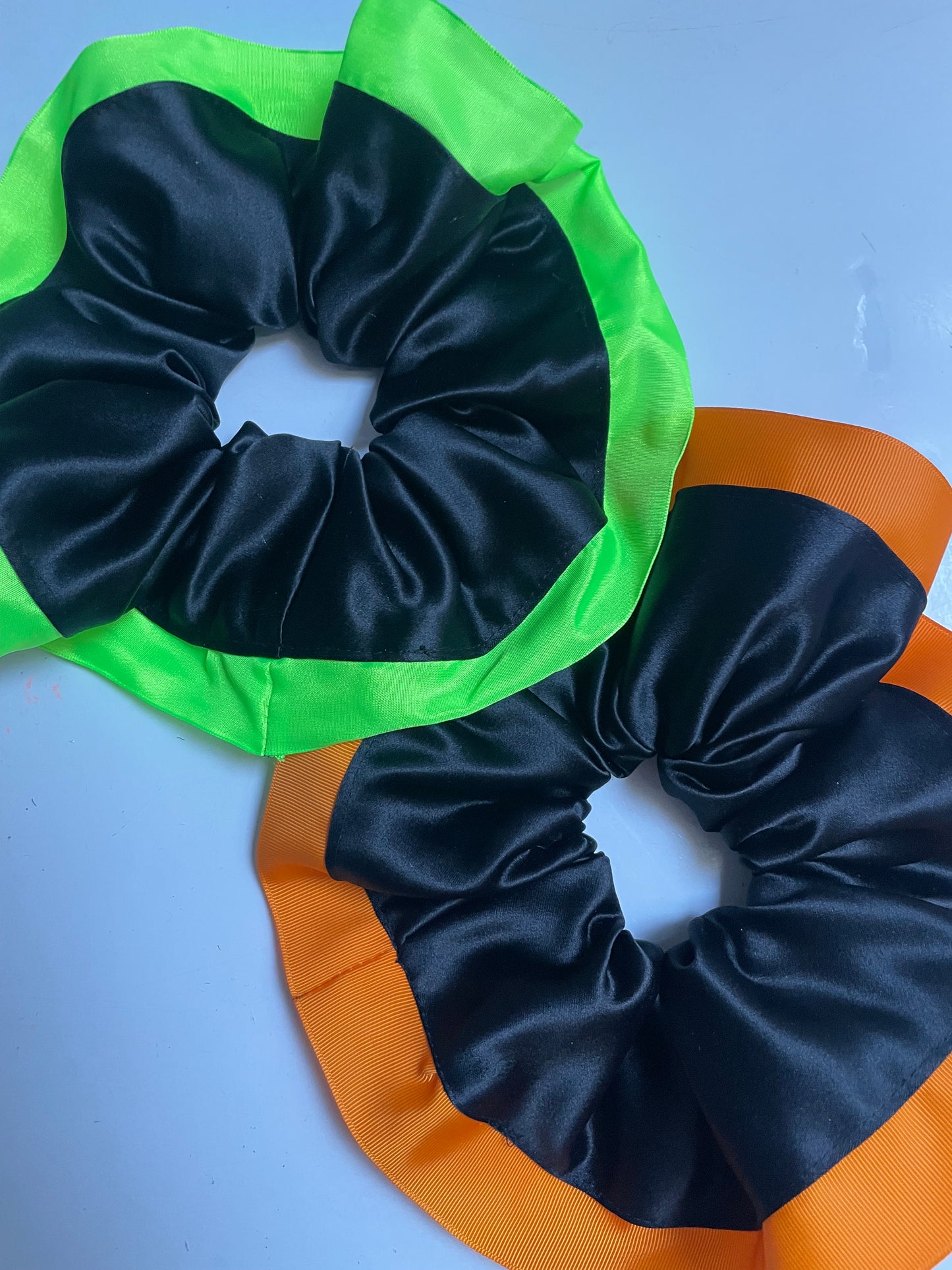 Giant Black Satin and Green Ribbon Trim Scrunchie