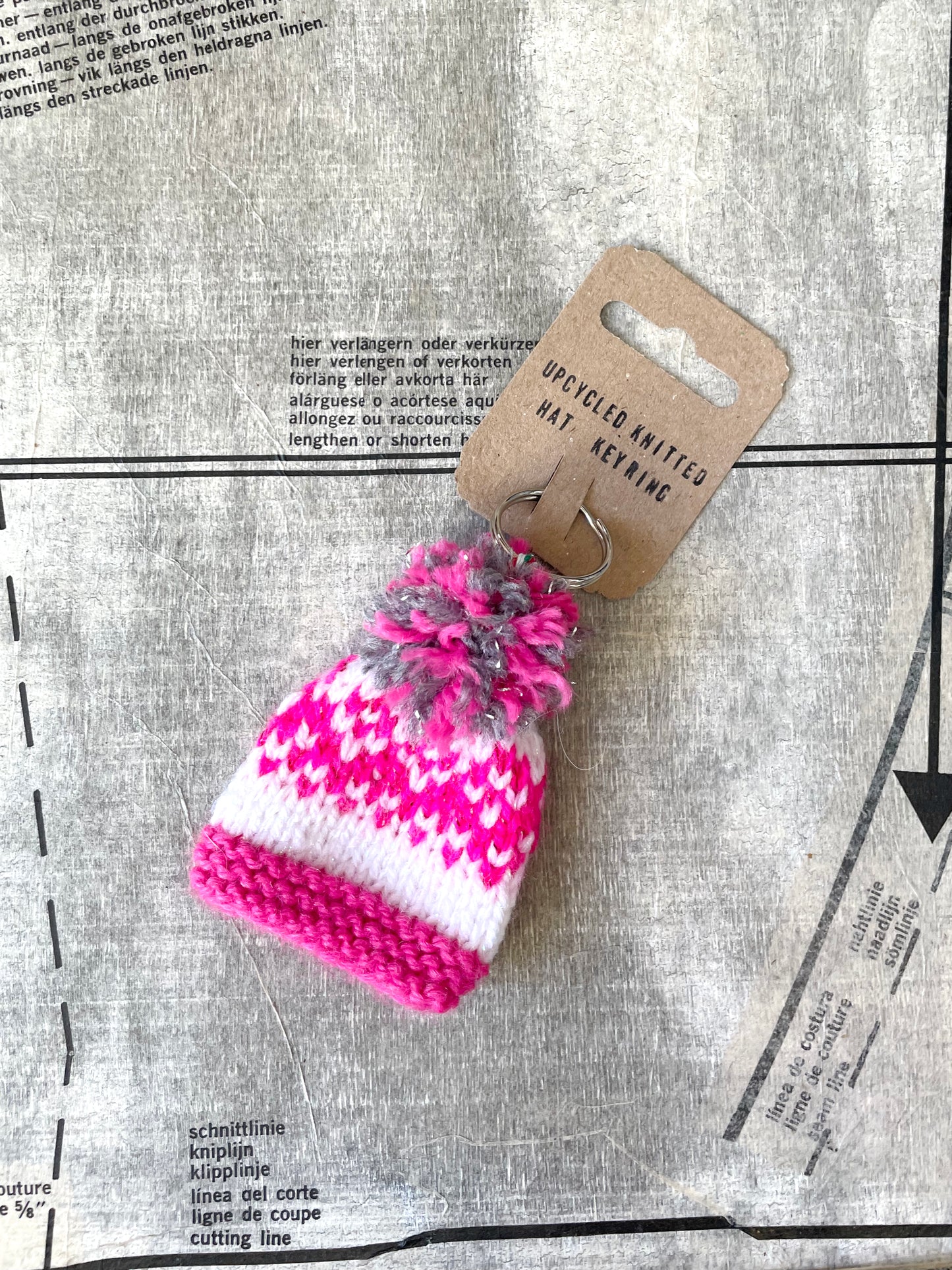 Wooly Hat Keyring - Pink and White Cosy