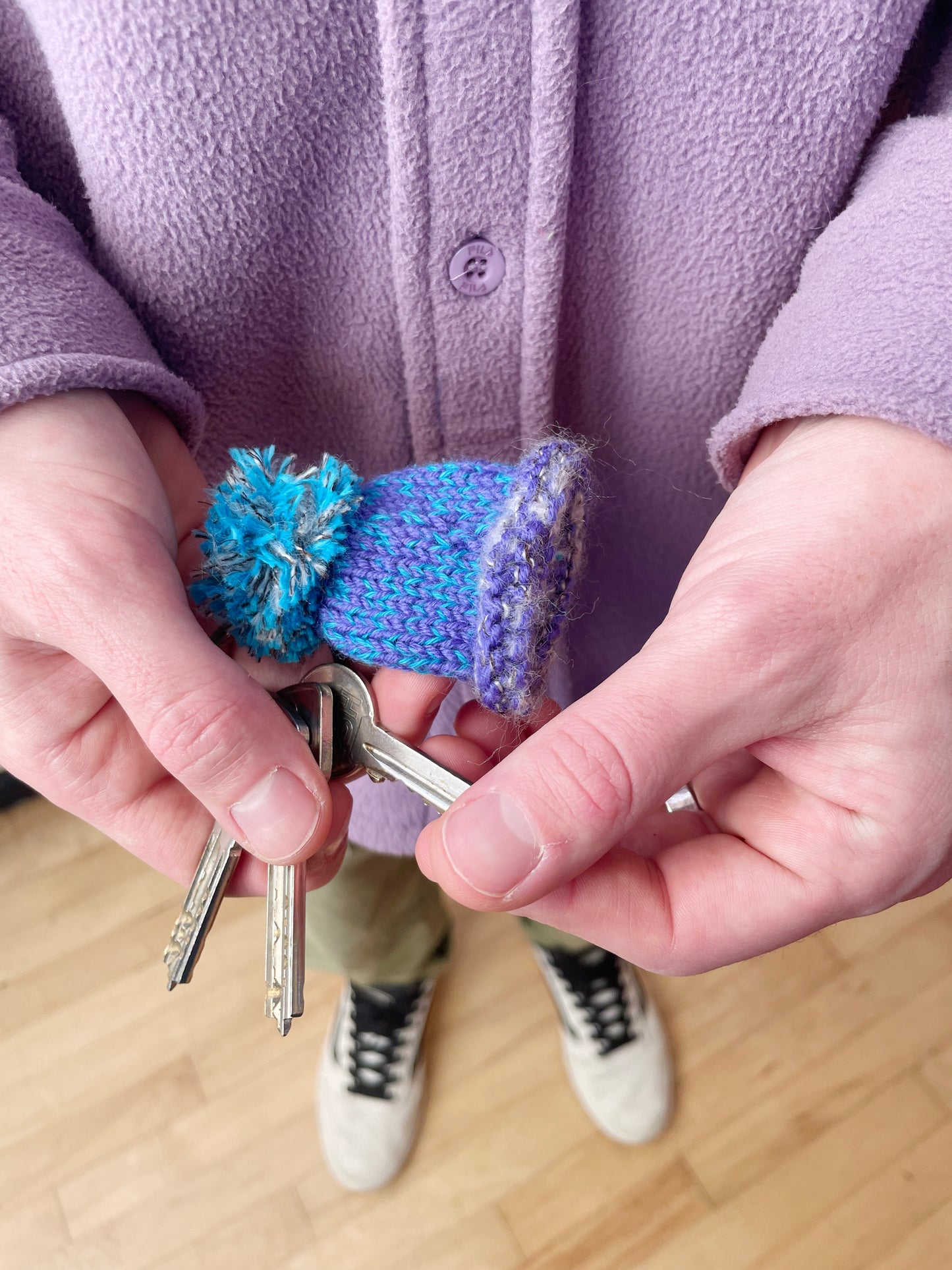 Wooly Hat Keyring - Green stripes