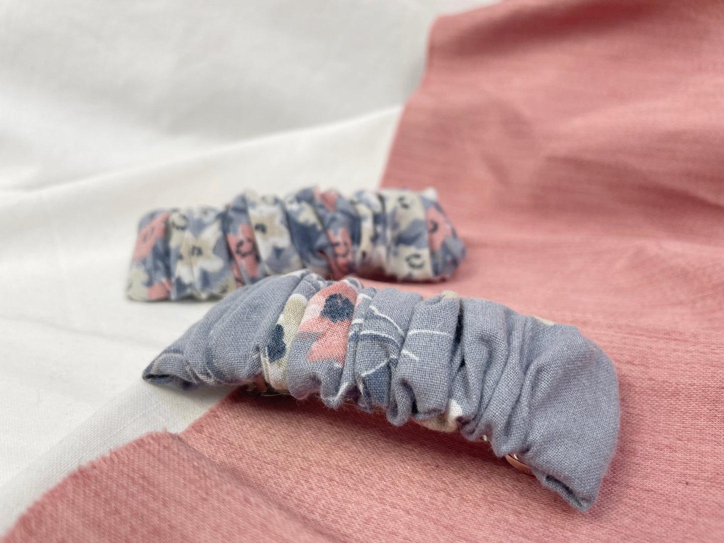 Blue Floral Scrunched Upcycled Hair Barrette