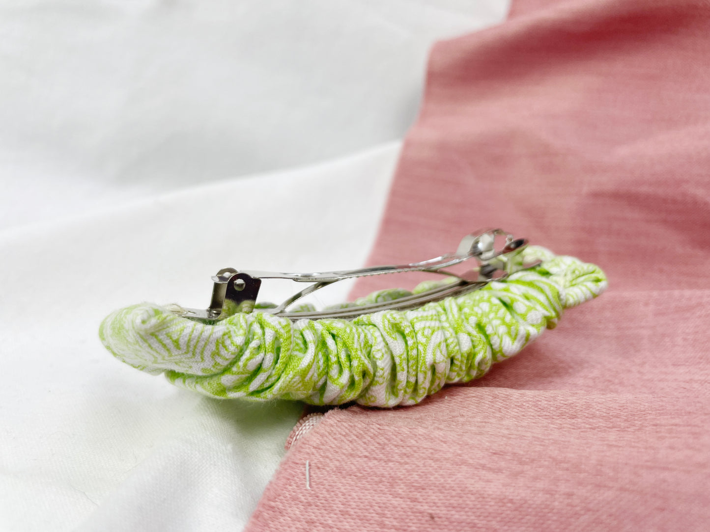 Bright Green and White Scrunched Upcycled Hair Barrette