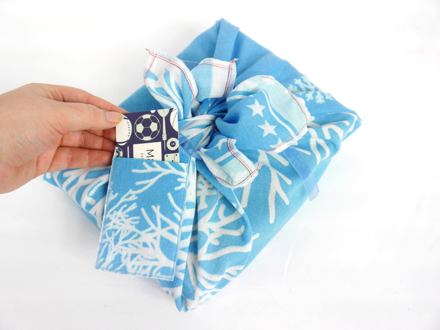 Upcycled Giftcard Holder - Blue Star & Snowflake Fabric Gift Tag