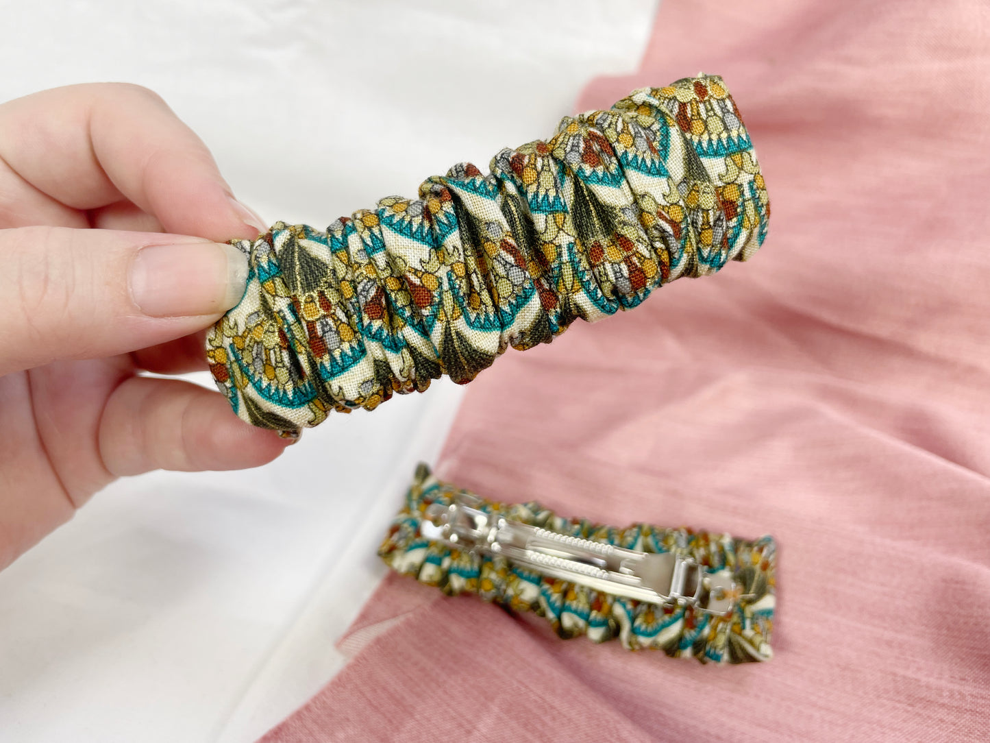 Peacock Scrunchie Upcycled Hair Barrette Clip