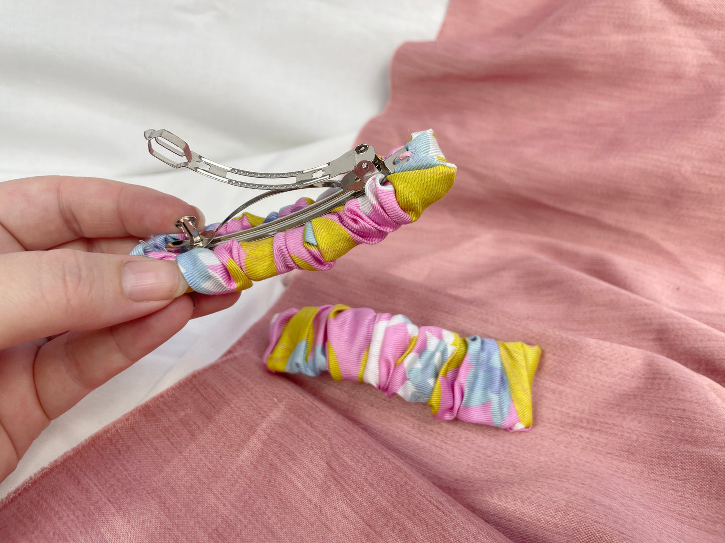 Pink Floral Scrunched Upcycled Hair Barrette