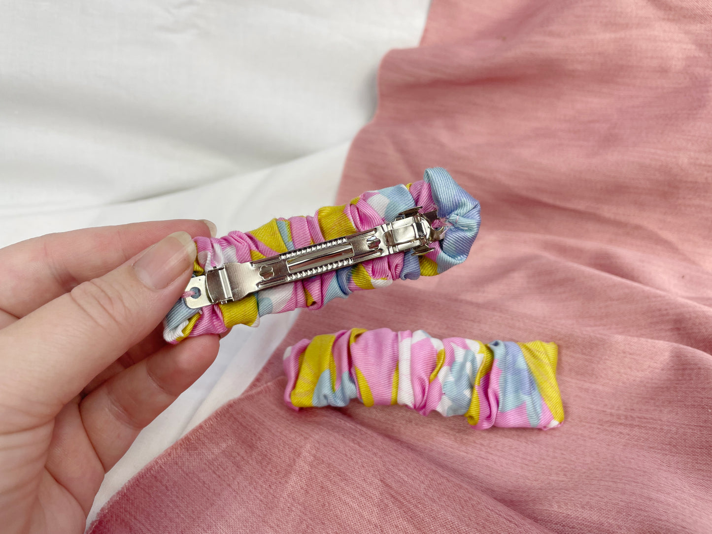 Pink Floral Scrunched Upcycled Hair Barrette