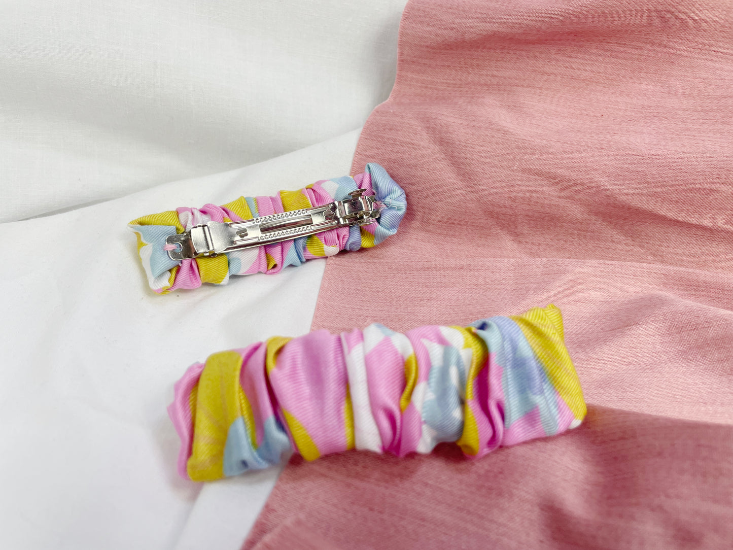 Pink Floral Scrunched Upcycled Hair Barrette