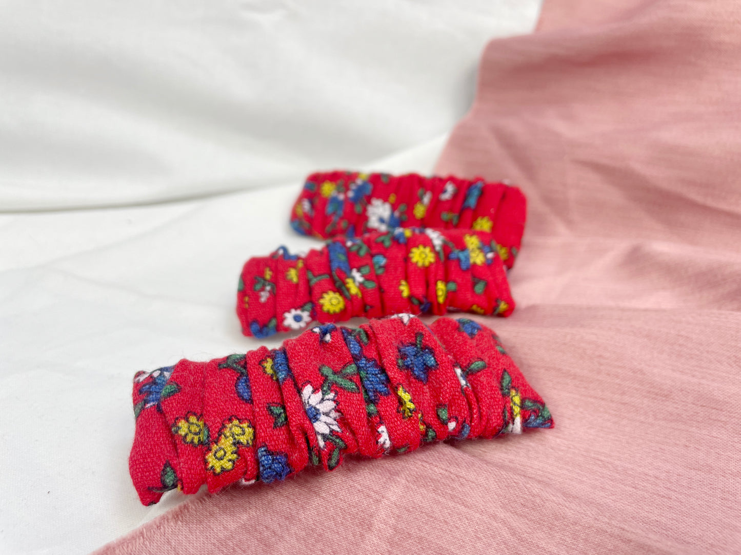 Red Ditsy Scrunched Upcycled Hair Barrette Clip