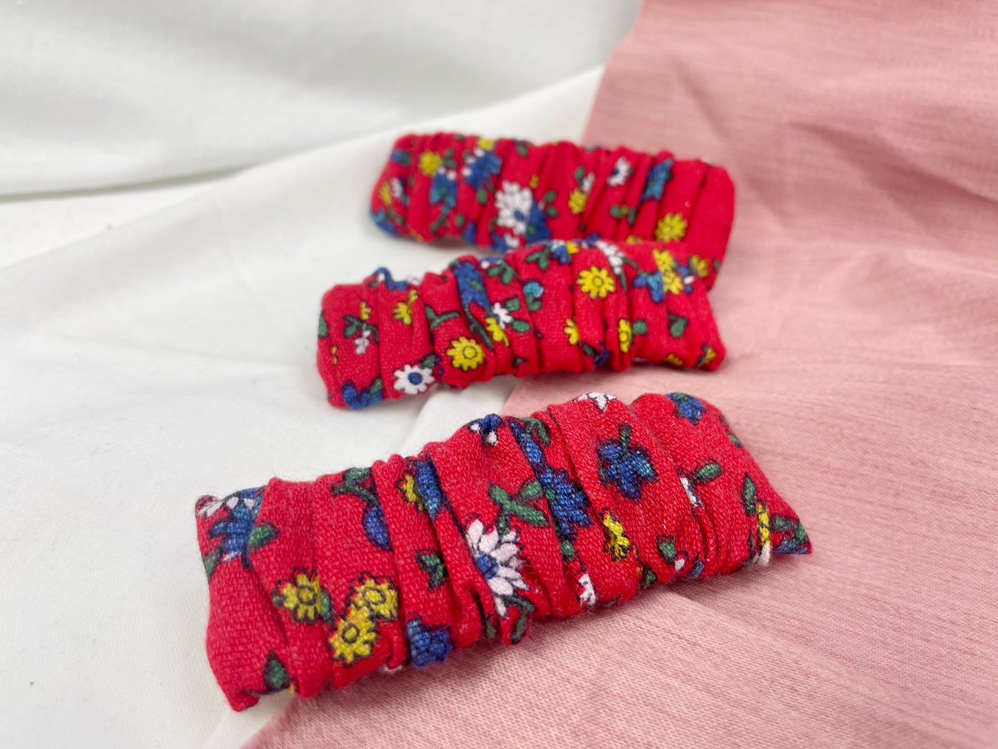 Red Ditsy Scrunched Upcycled Hair Barrette Clip