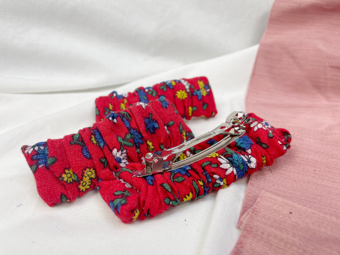 Red Ditsy Scrunched Upcycled Hair Barrette Clip