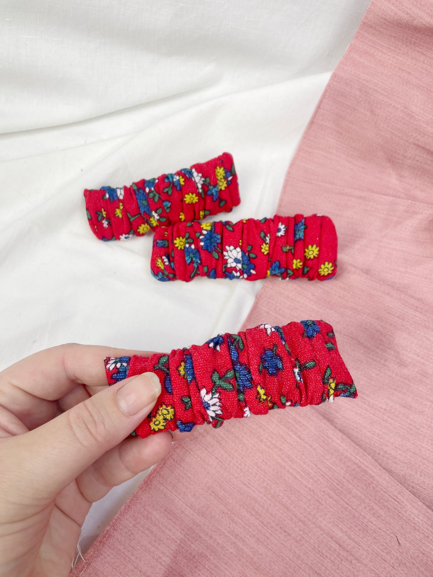 Red Ditsy Scrunched Upcycled Hair Barrette Clip