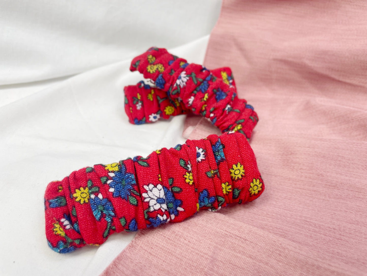 Red Ditsy Scrunched Upcycled Hair Barrette Clip