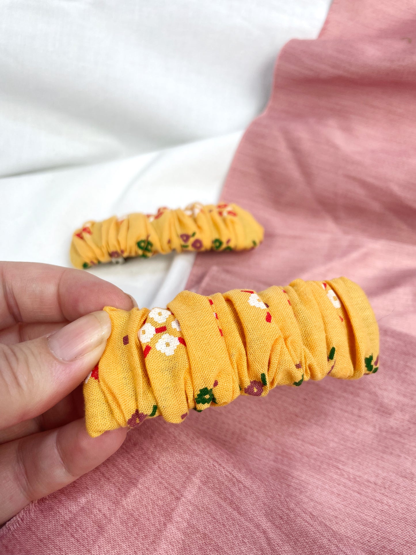 Yellow Floral Scrunched Upcycled Hair Barrette