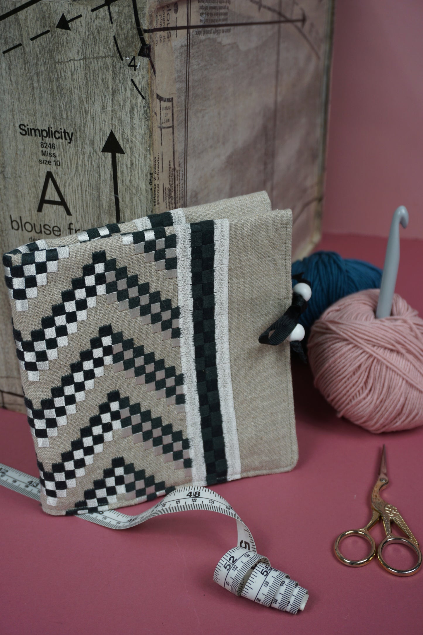 Monochrome Geometric Embroidery Upcycled Crochet Case