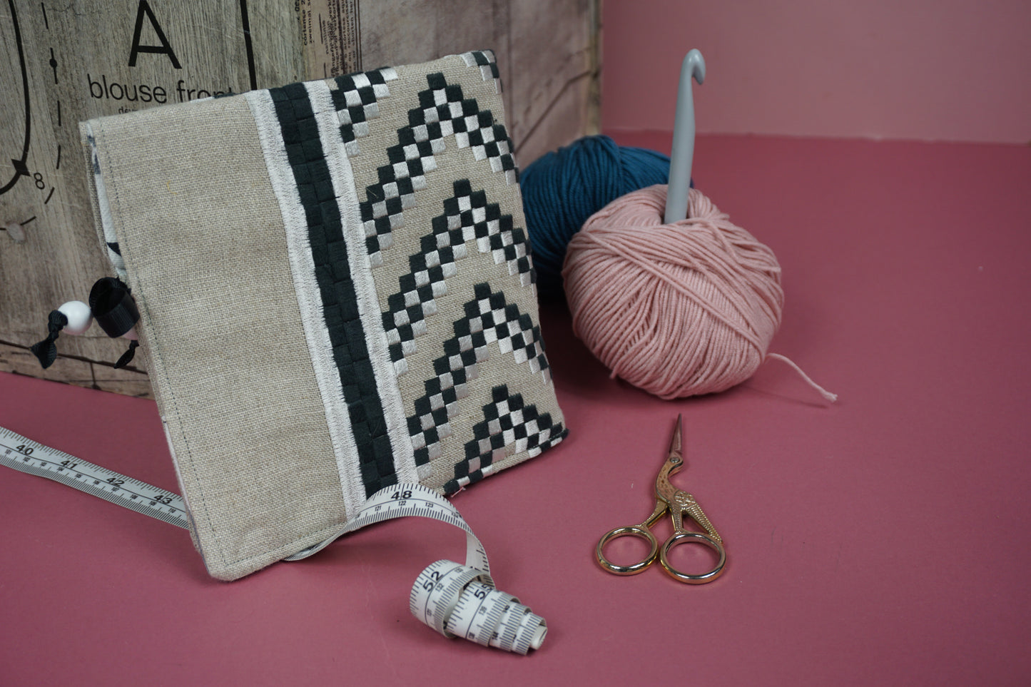 Monochrome Geometric Embroidery Upcycled Crochet Case