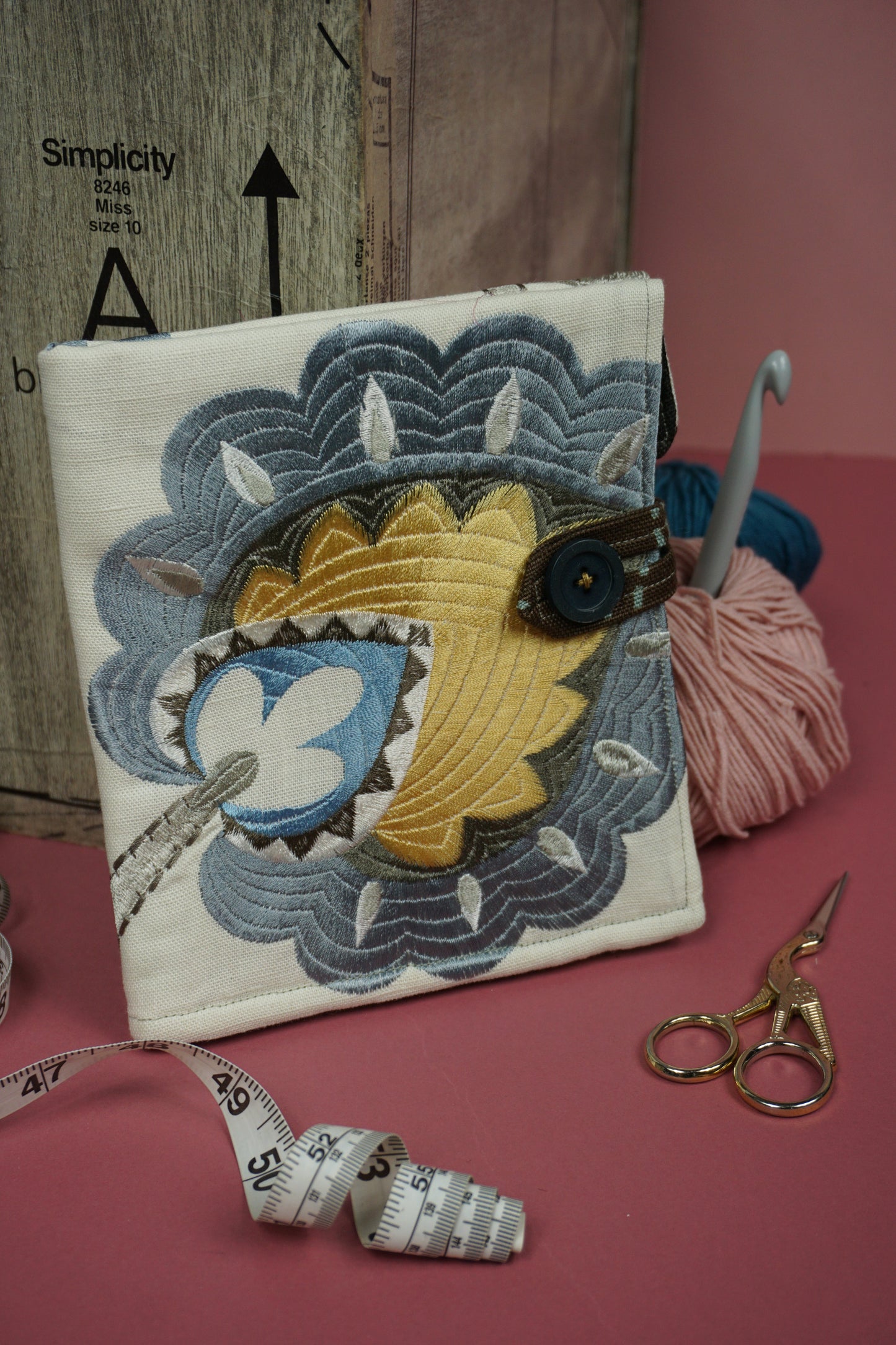 Beige Linen with Gold and Blue Floral Embroidery Upcycled Crochet Case