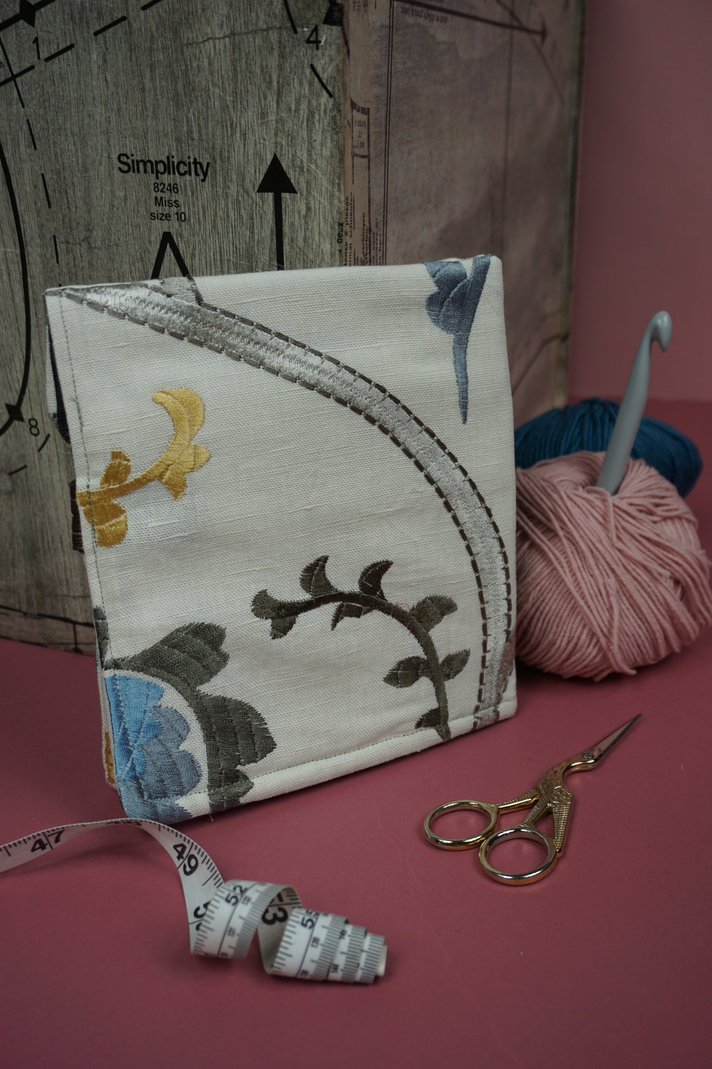 Beige Linen with Gold and Blue Floral Embroidery Upcycled Crochet Case