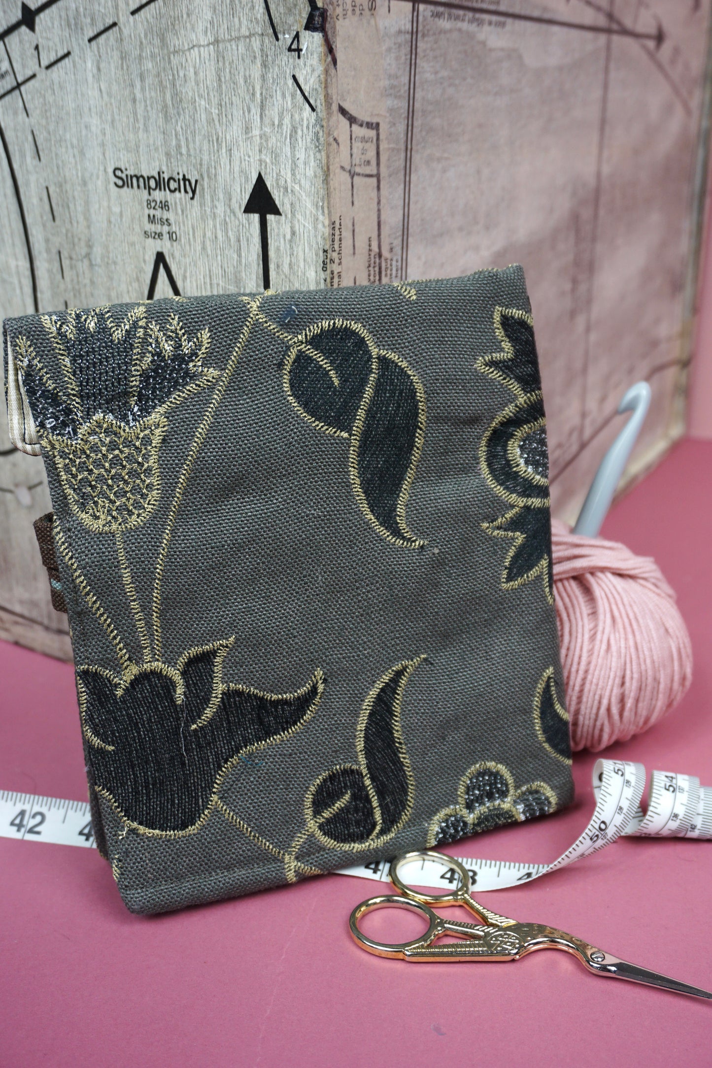 Black and Gold Embroidered Floral Upcycled Crochet Case