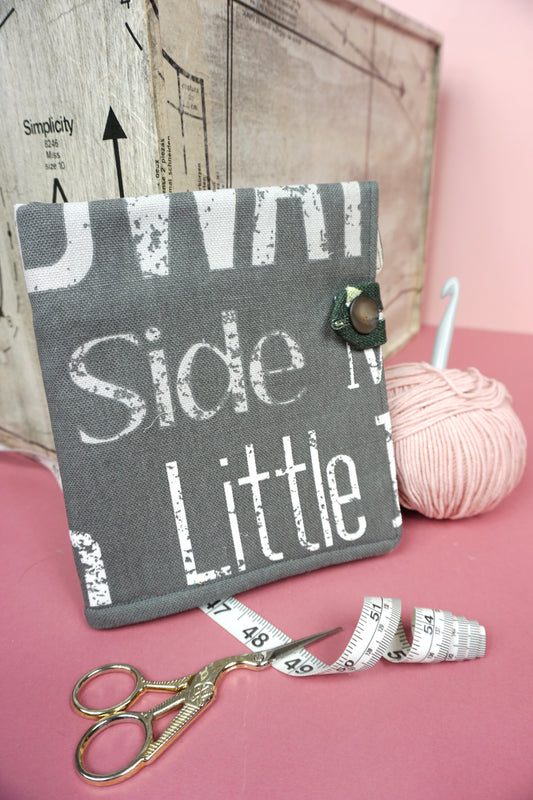 Grey and White Graphic Letters Upcycled Crochet Case