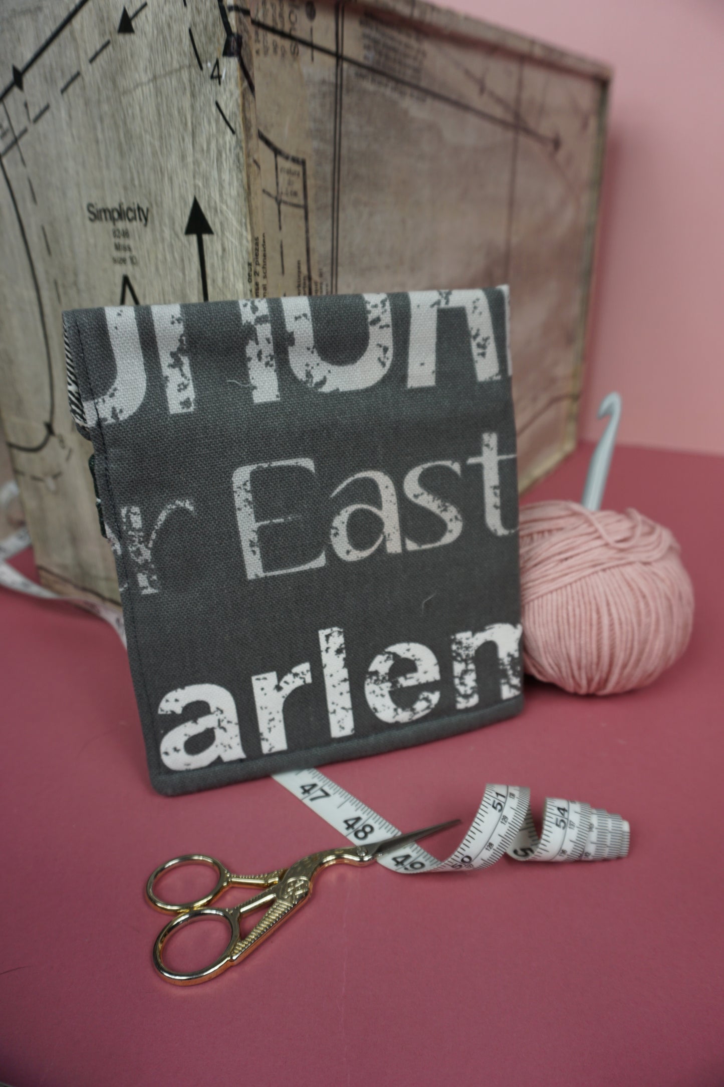 Grey and White Graphic Letters Upcycled Crochet Case