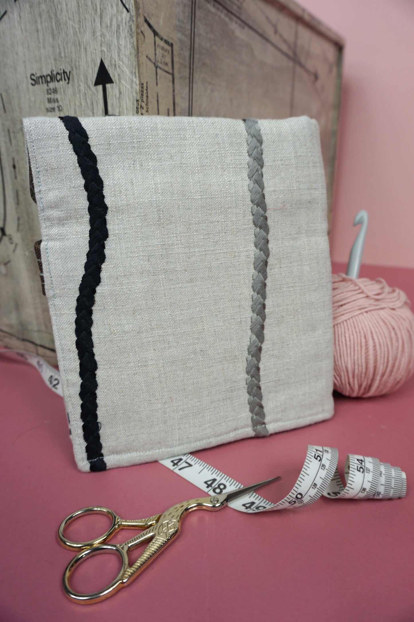 Cream Linen with Monochrome Rope Upcycled Crochet Case