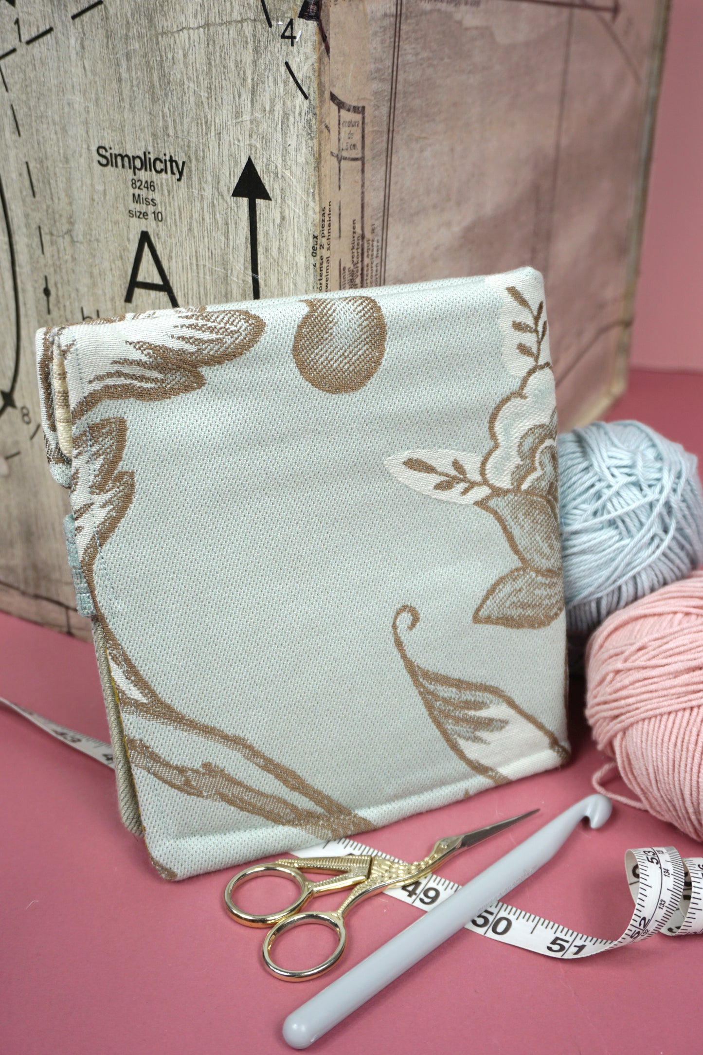 Pale Blue Floral Brocade with Monochrome Rope Upcycled Crochet Case