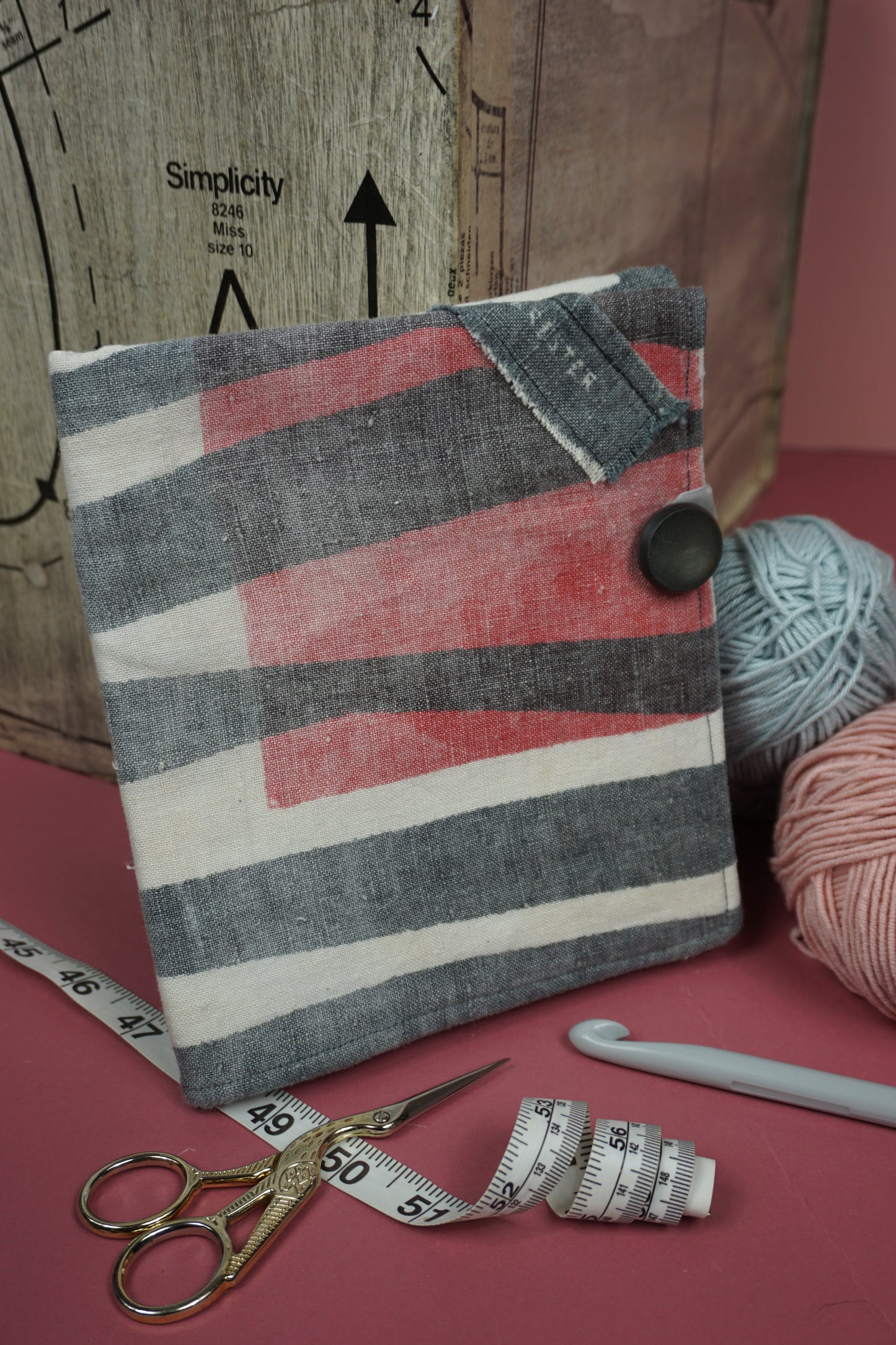 Grey and Red Vintage Linen Upcycled Crochet Case