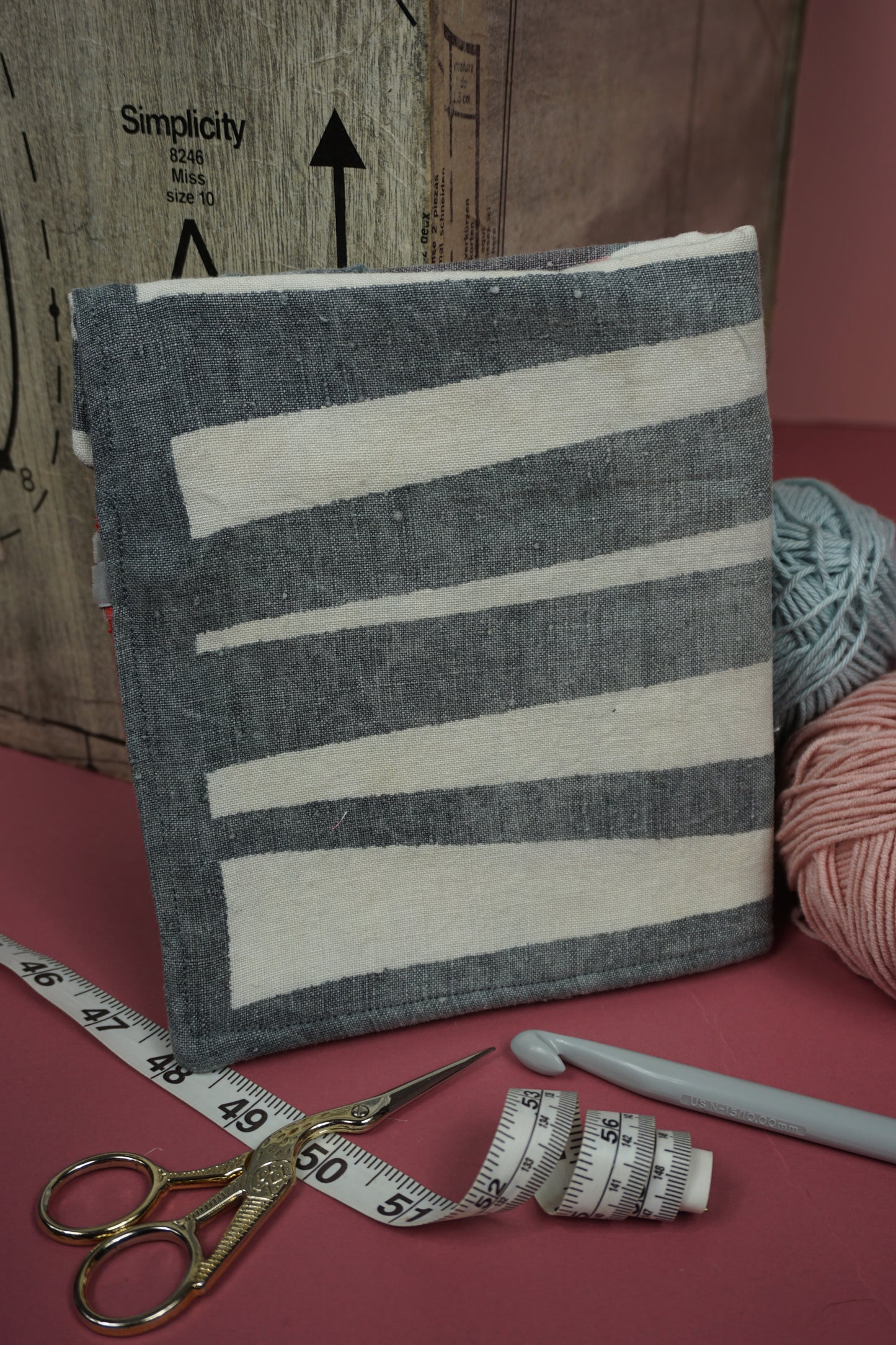 Grey and Red Vintage Linen Upcycled Crochet Case