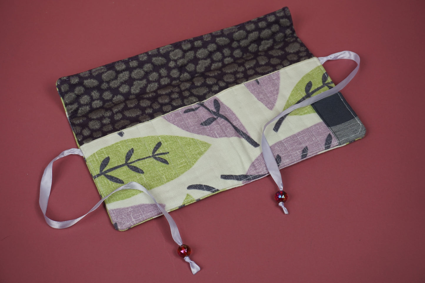 Green and Purple Leaf Pattern Upcycled Crochet Case