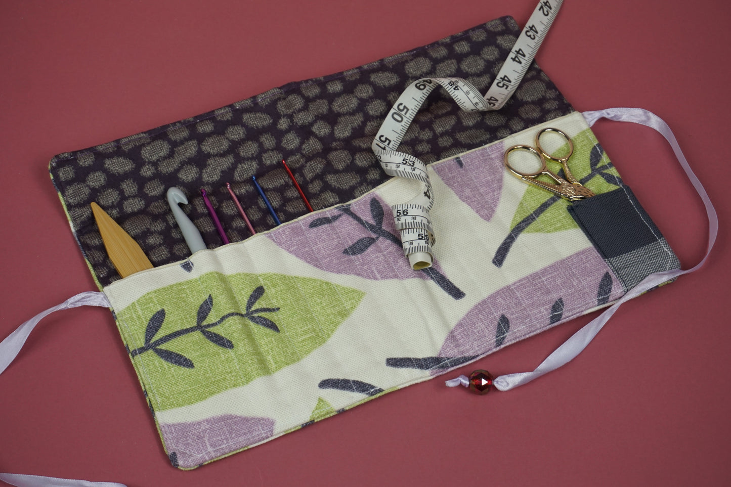 Green and Purple Leaf Pattern Upcycled Crochet Case