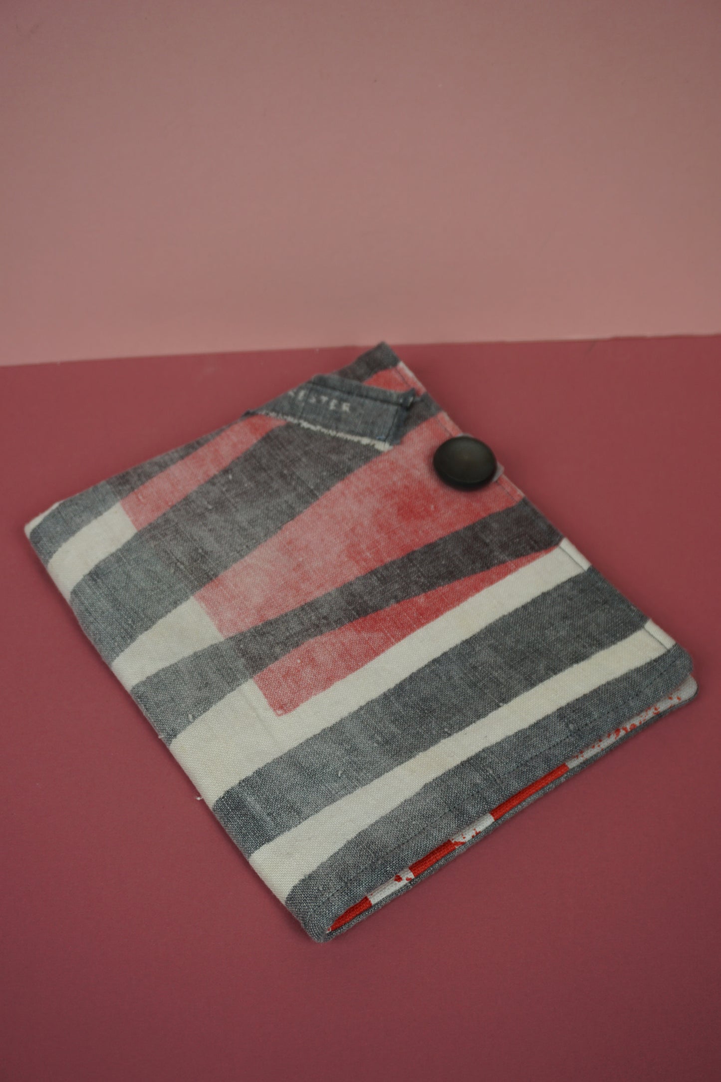 Grey and Red Vintage Linen Upcycled Crochet Case