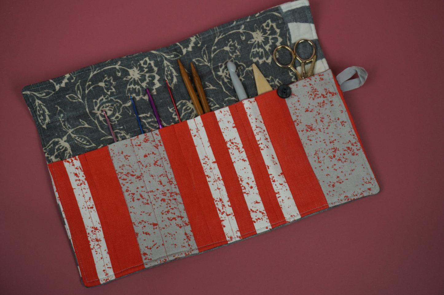 Grey and Red Vintage Linen Upcycled Crochet Case