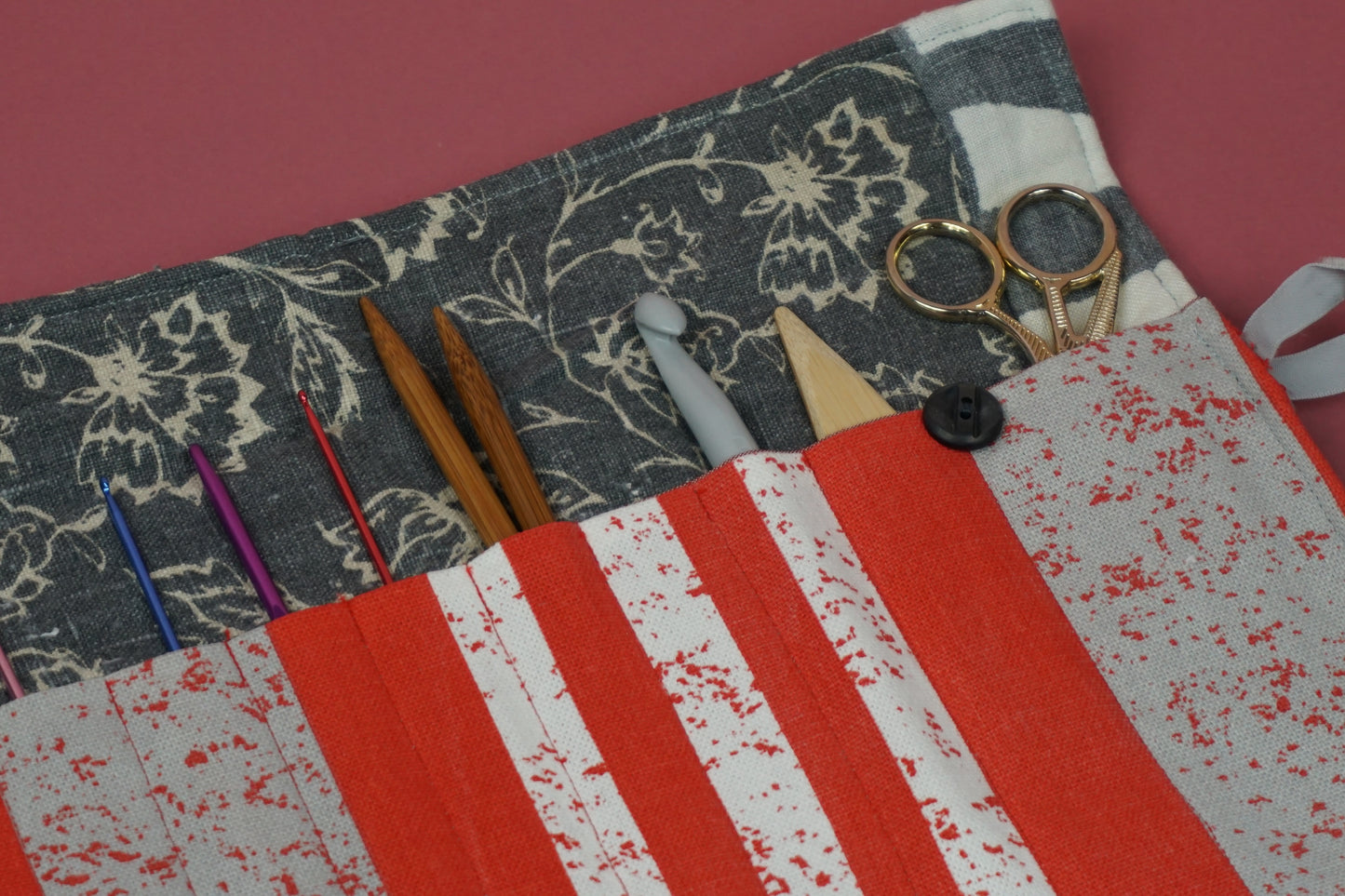 Grey and Red Vintage Linen Upcycled Crochet Case