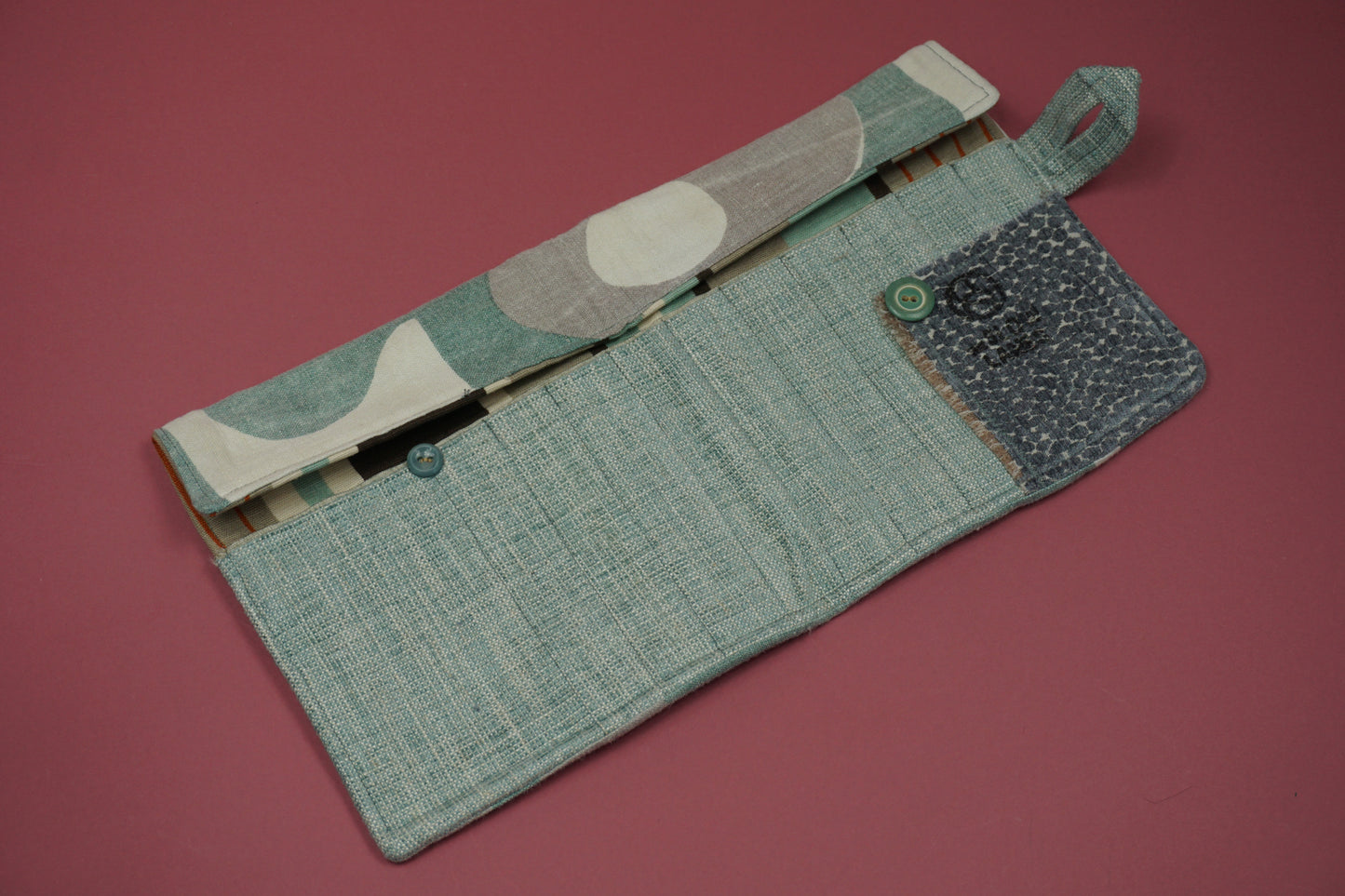 Green and Grey Linen Upcycled Crochet Case