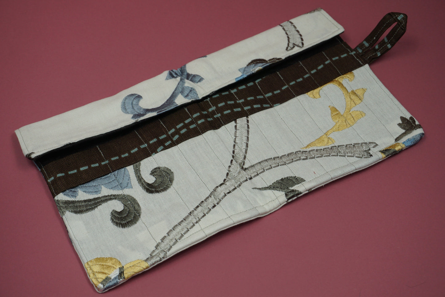 Beige Linen with Gold and Blue Floral Embroidery Upcycled Crochet Case