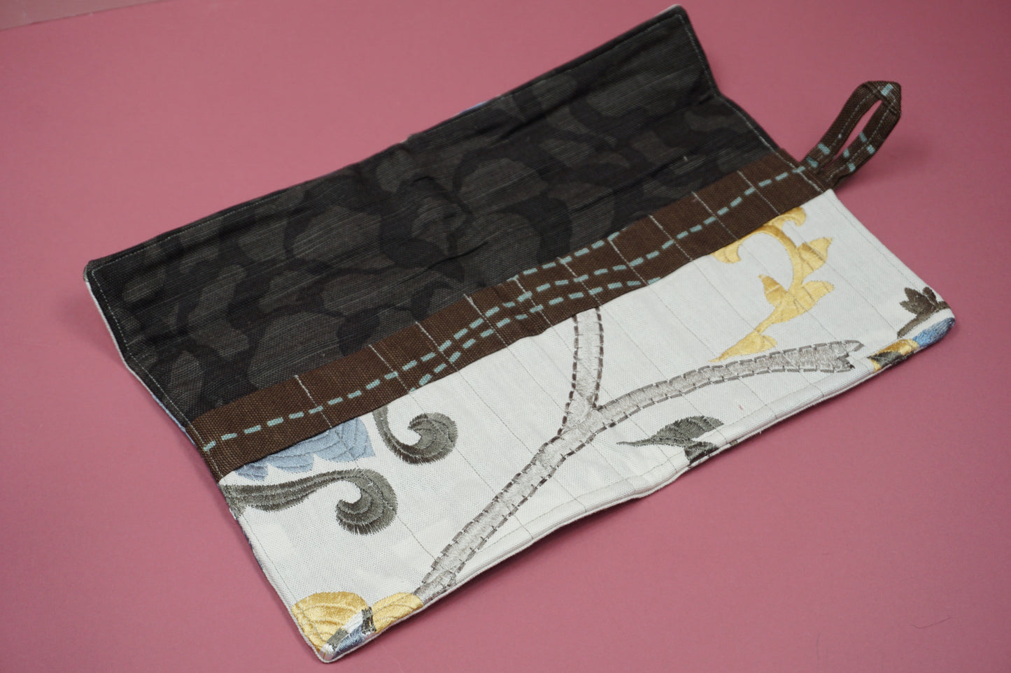 Beige Linen with Gold and Blue Floral Embroidery Upcycled Crochet Case