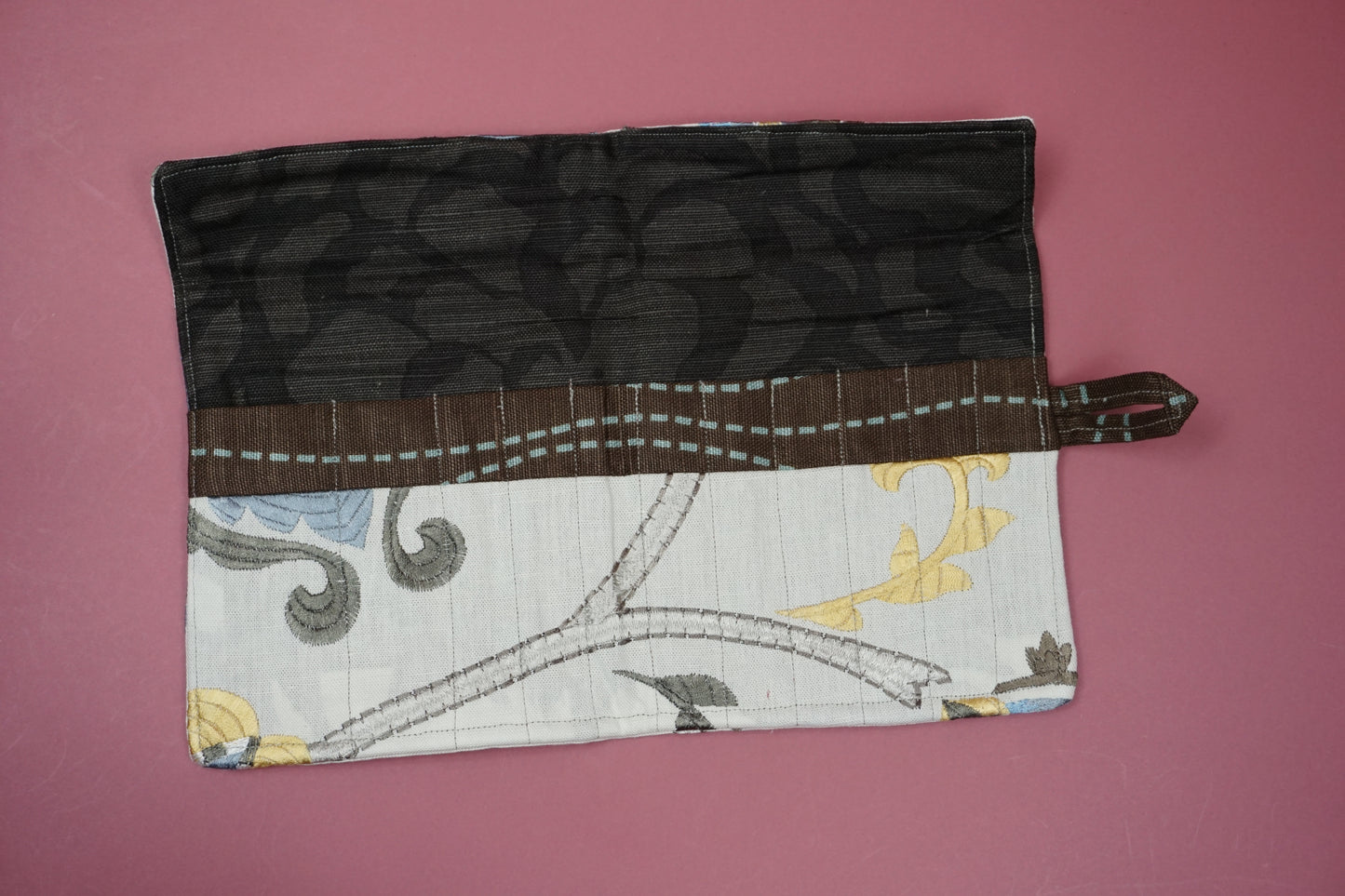 Beige Linen with Gold and Blue Floral Embroidery Upcycled Crochet Case