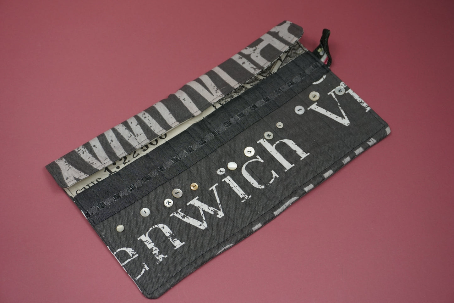 Grey and White Graphic Letters Upcycled Crochet Case