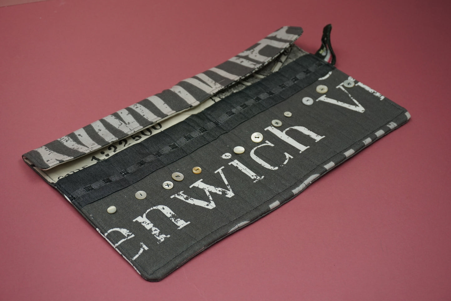 Grey and White Graphic Letters Upcycled Crochet Case