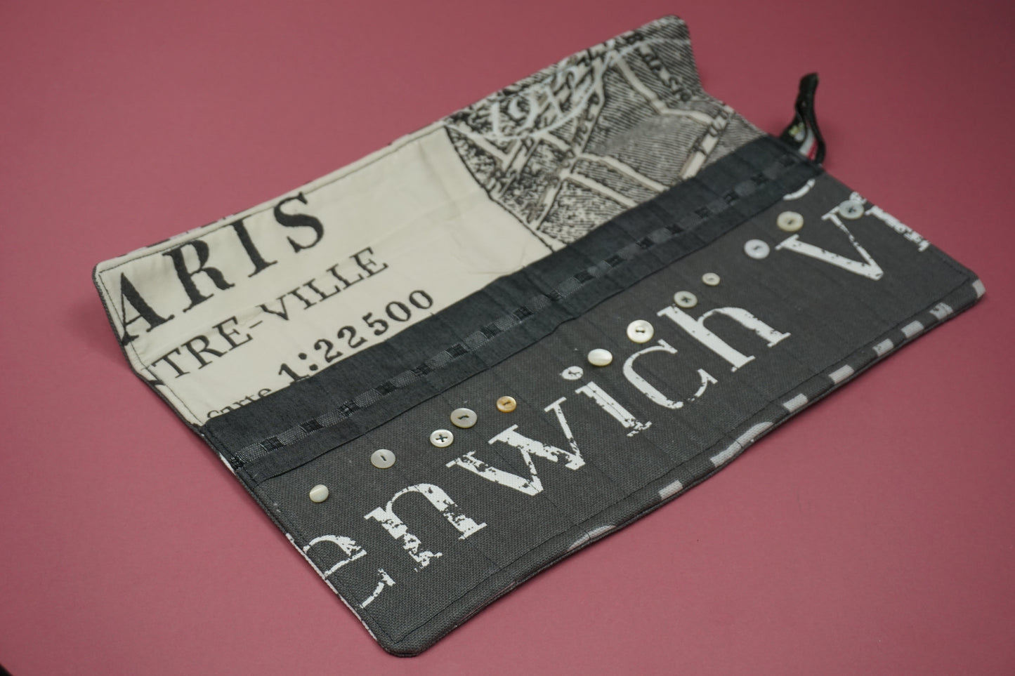 Grey and White Graphic Letters Upcycled Crochet Case