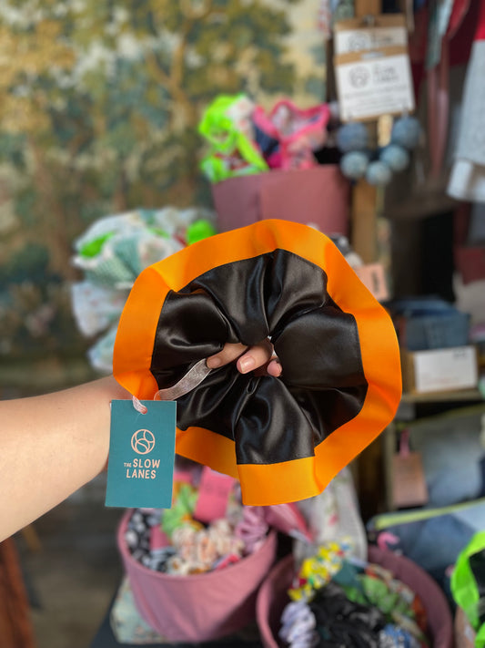 Giant Black Satin and Orange Ribbon Trim Scrunchie