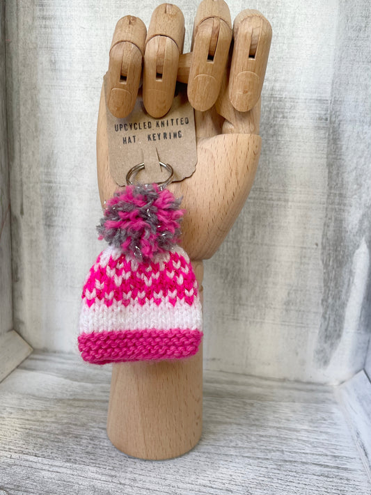 Wooly Hat Keyring - Pink and White Cosy