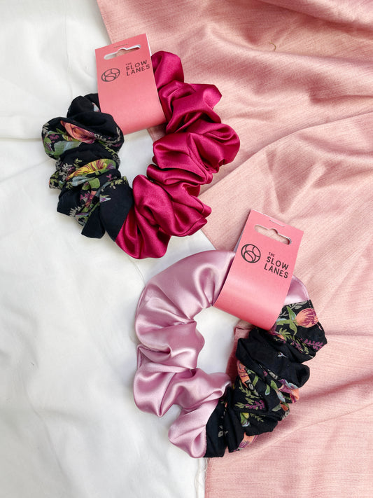Split Pink and Black Floral Scrunchie