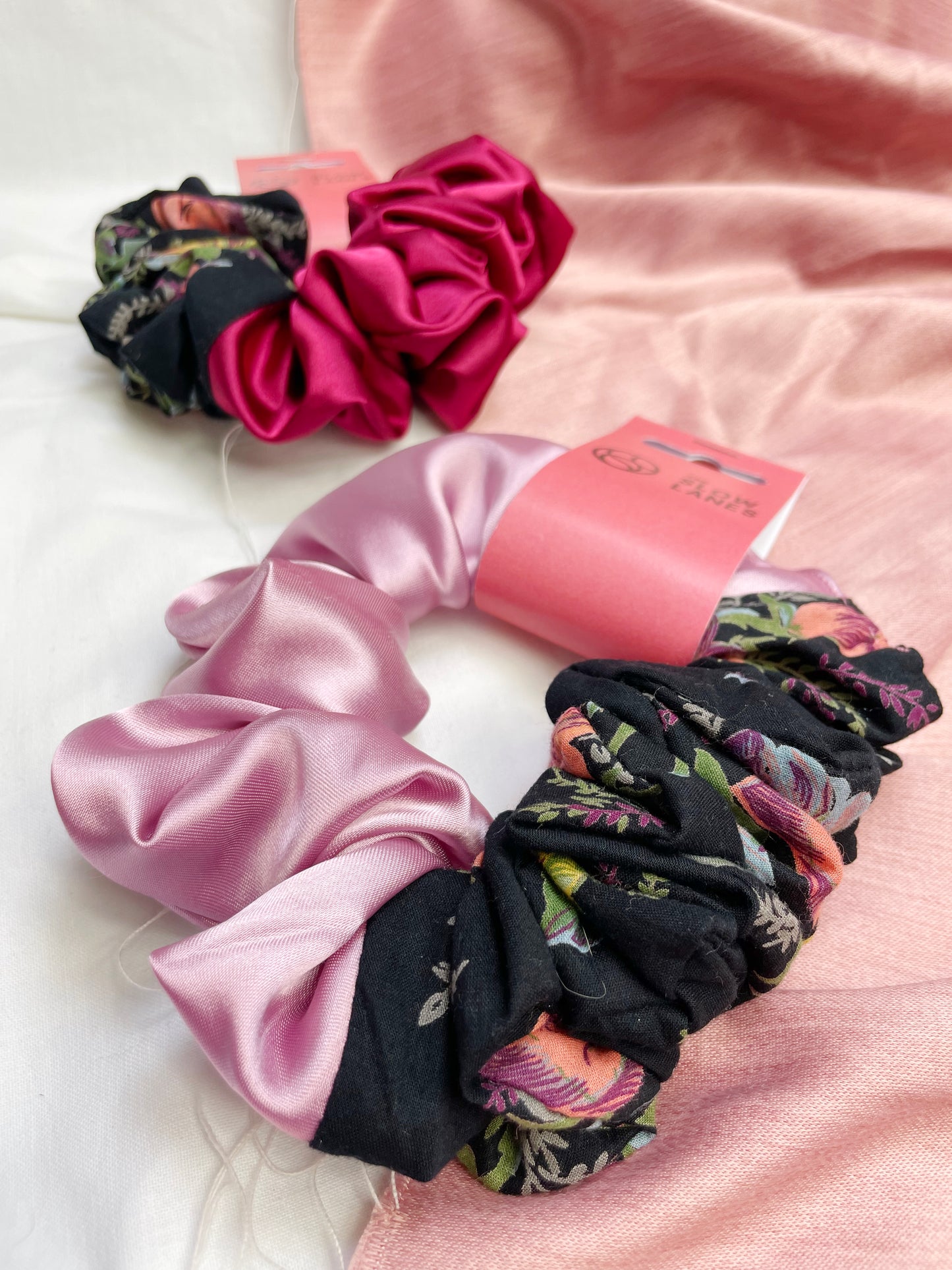 Split Pink and Black Floral Scrunchie