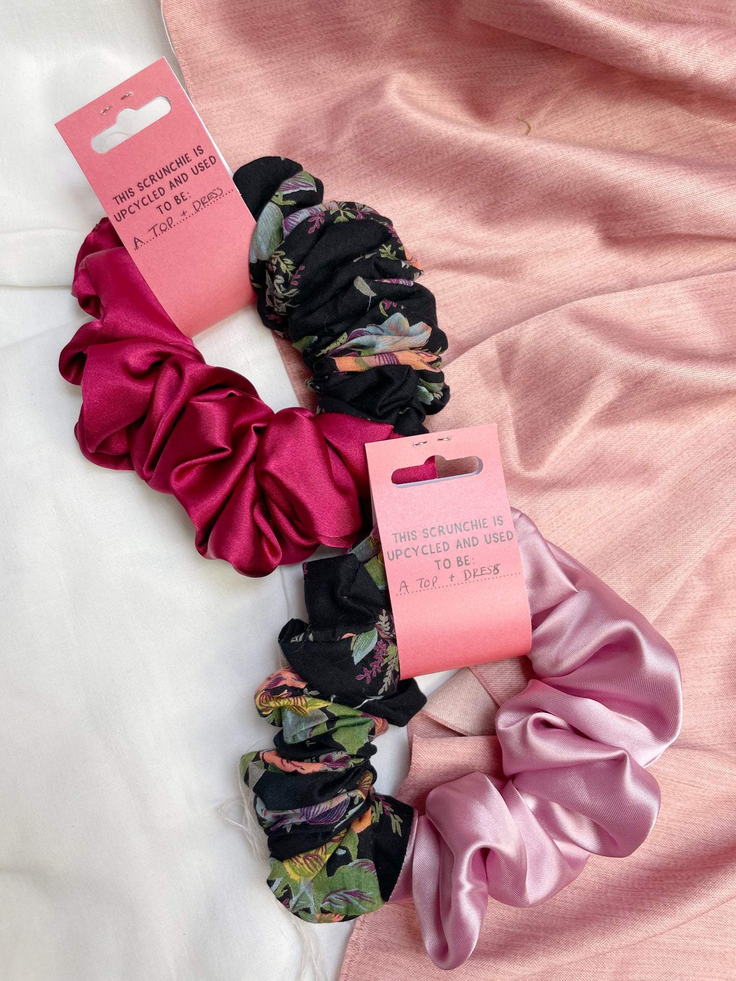 Split Pink and Black Floral Scrunchie