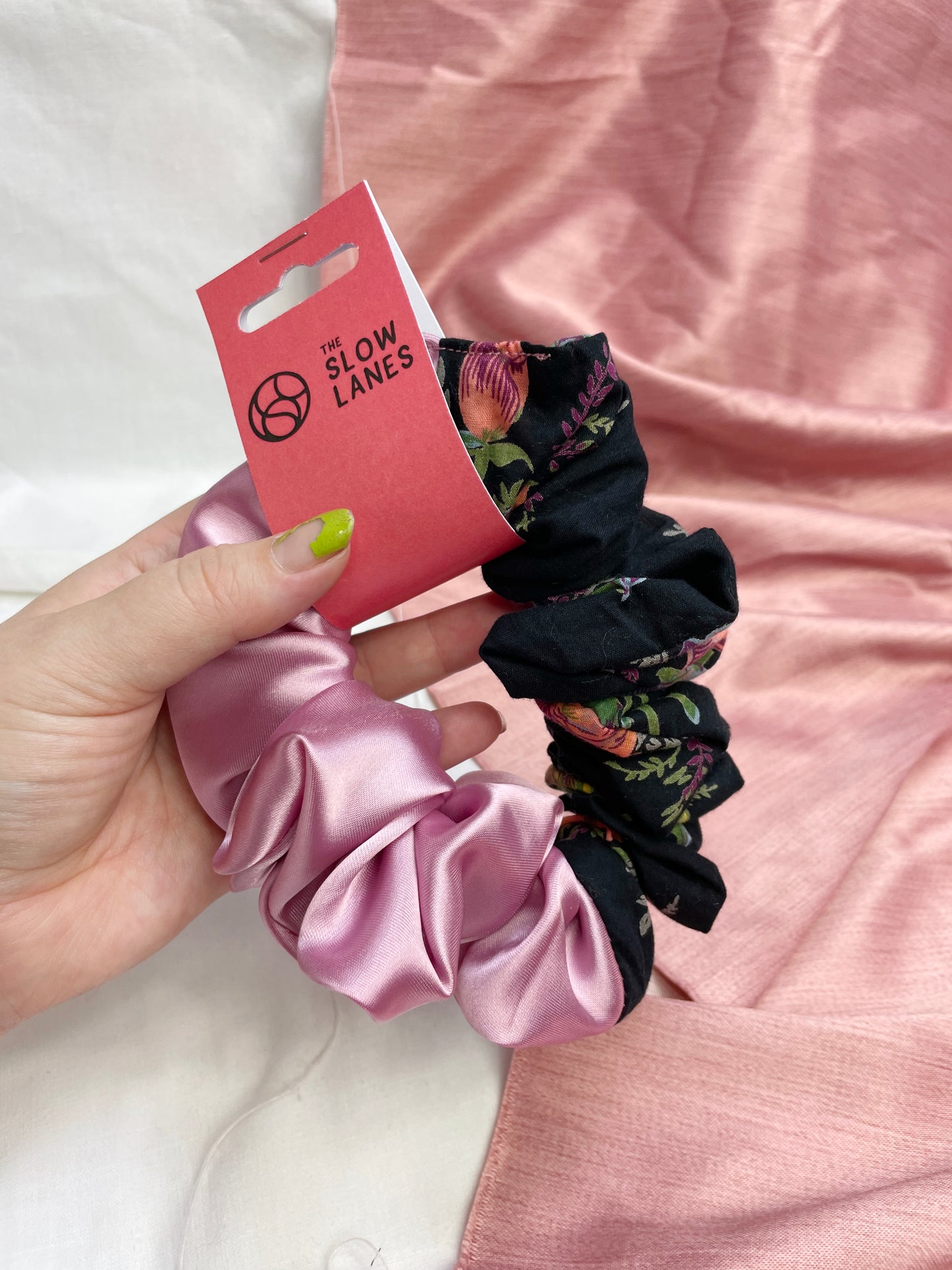 Split Pink and Black Floral Scrunchie