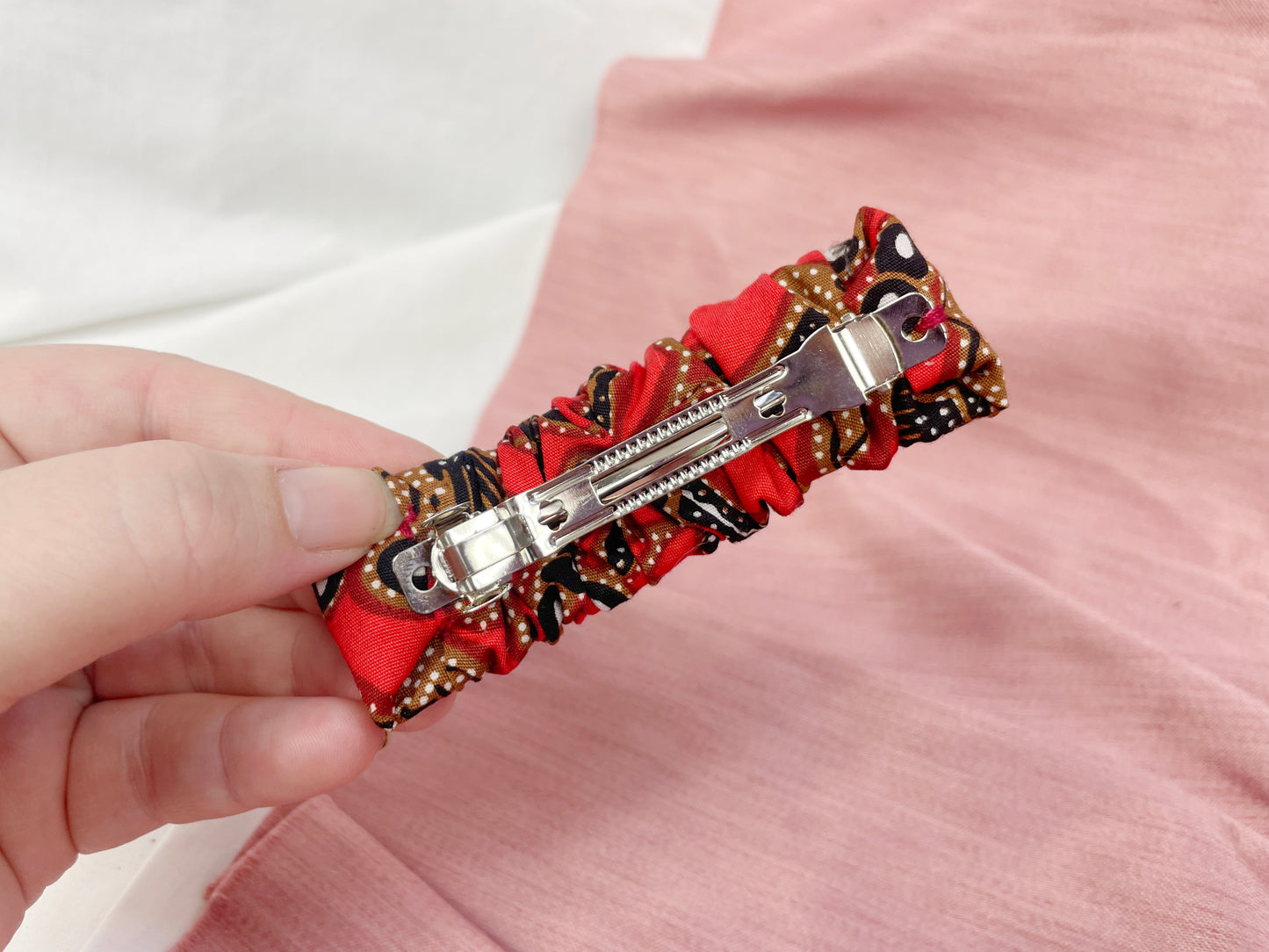 Red African Wax Print Scrunched Upcycled Hair Barrette