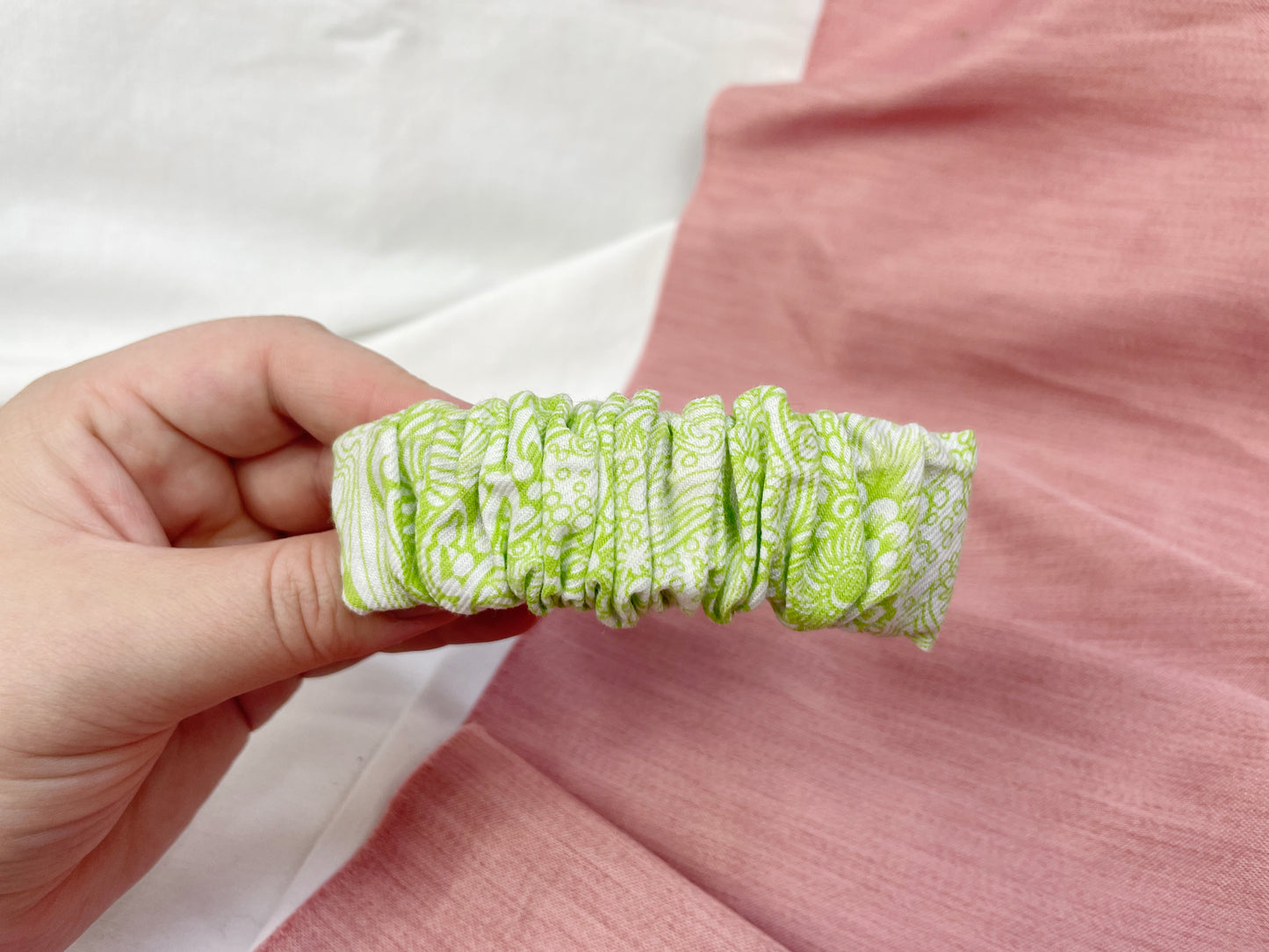 Bright Green and White Scrunched Upcycled Hair Barrette