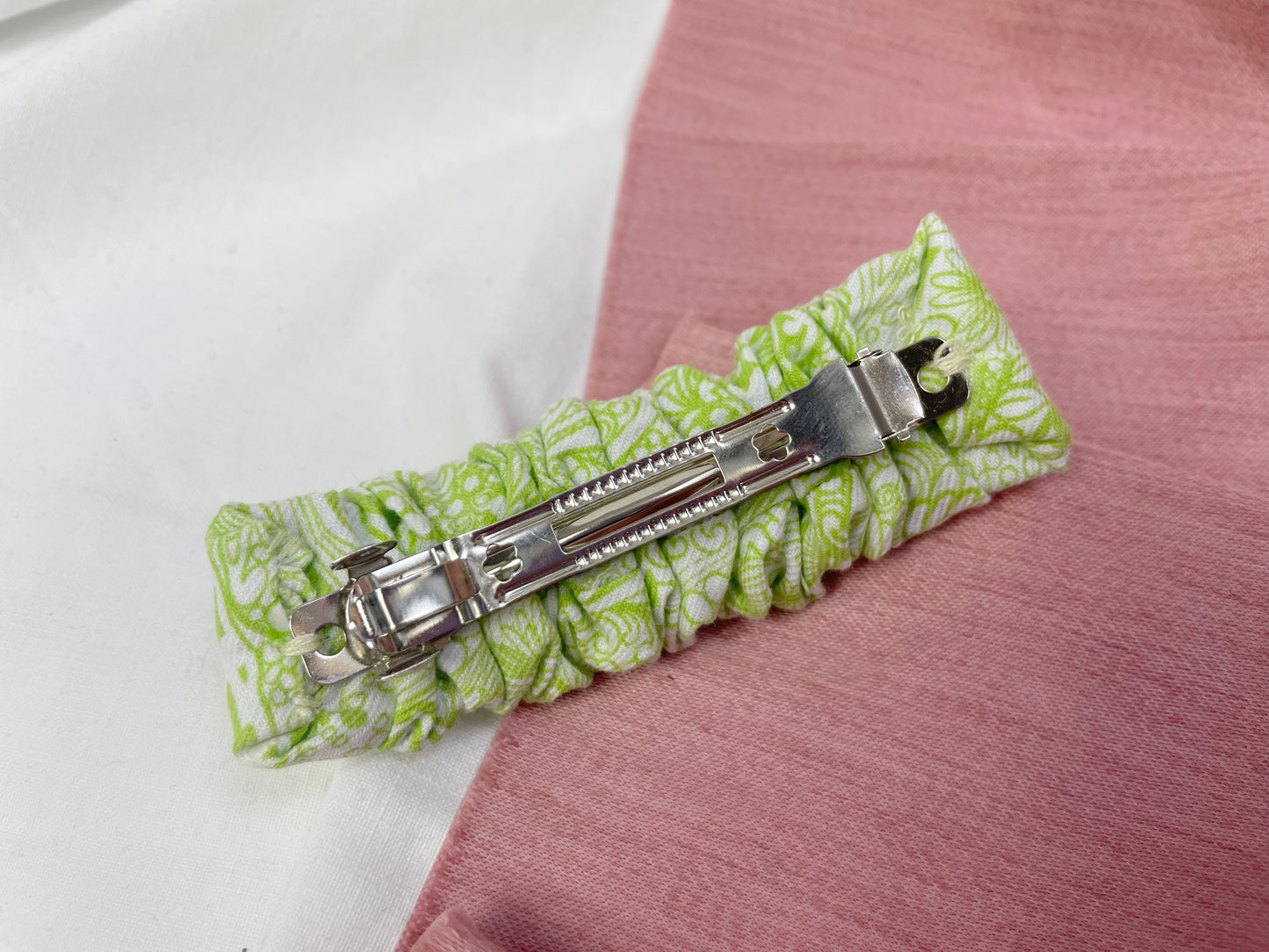 Bright Green and White Scrunched Upcycled Hair Barrette