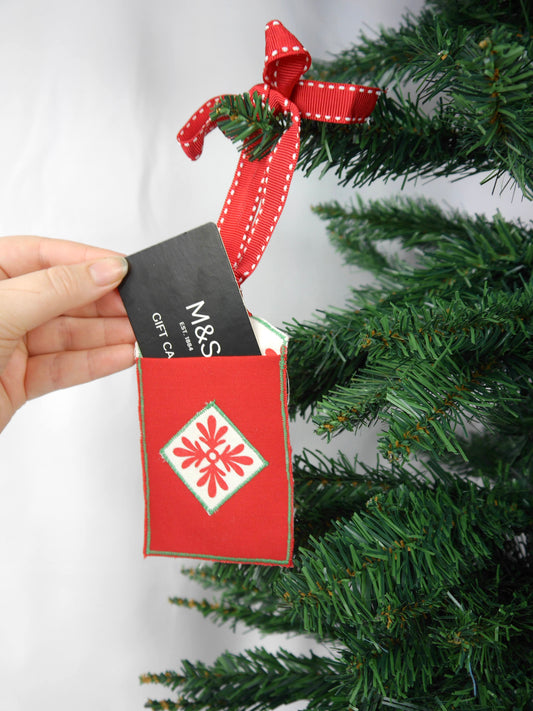 Upcycled Giftcard Holder - Red Scandi Festive Fabric Gift Tag