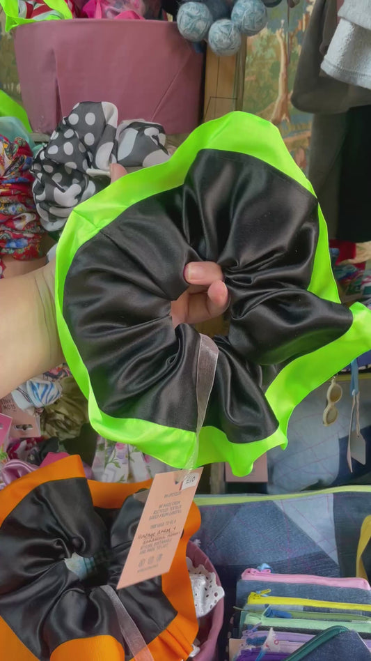Giant Black Satin and Green Ribbon Trim Scrunchie